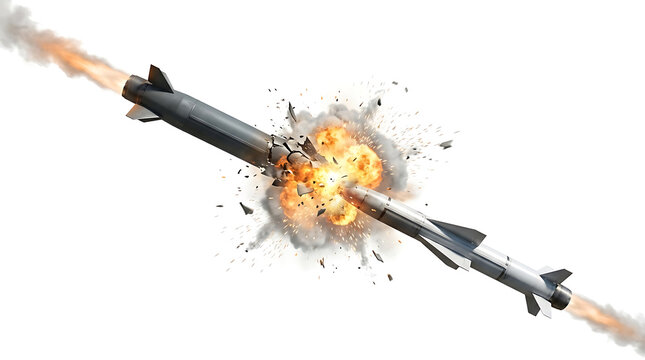 Dramatic missile collision and explosion mid-air, fiery blast with debris, isolated on white background