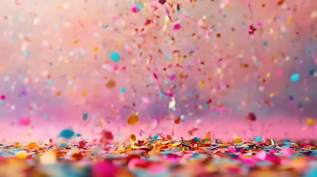 Vibrant, multicolored confetti falling and scattered on a surface with a soft pink background