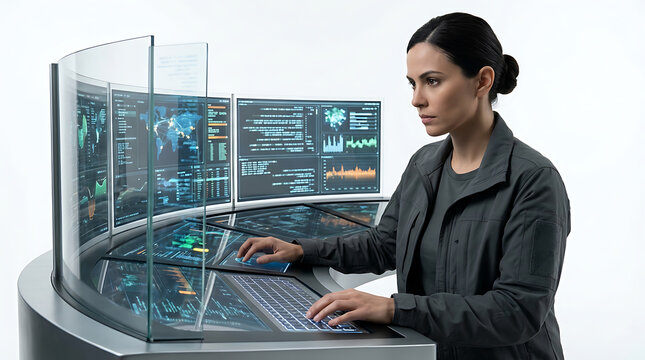 Focused Woman Interacting with Futuristic Transparent Data Interface and Multiple Screens