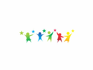 Obraz premium Five colorful stylized figures of children in a row, each raising a hand to hold a bright star, representing teamwork, unity, and reaching for the future goals.