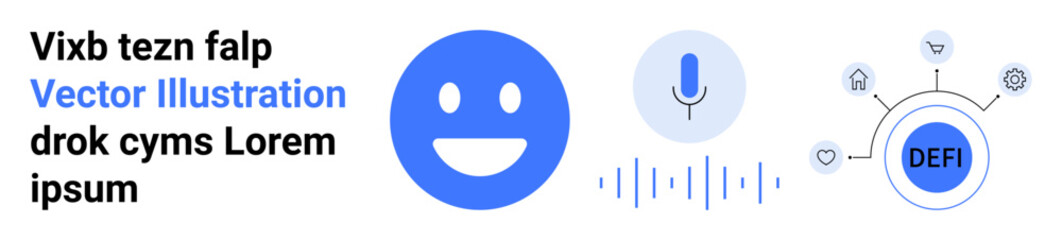 Fototapeta premium Blockchain technology, decentralized finance, cryptocurrency, fintech, digital business, audio streaming. Blue smiling emotion, microphone icon, sound waveform and DEFI linked nodes diagram