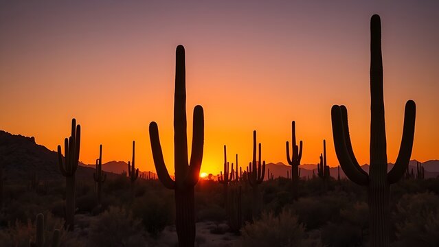 saguaro. A vast desert landscape at sunset, featuring towering saguaro cacti silhouettes against a vibrant orange sky. inspiring travel planning.