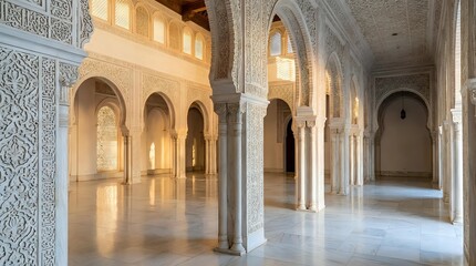 Fototapeta premium Elegant Islamic architecture corridor with ornate arches, detailed geometric patterns, marble columns and warm golden lighting creating serene atmosphere.
