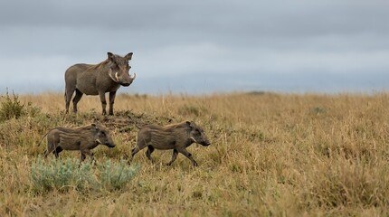 Obraz premium Warthog family grazing in African savanna grassland with mother watching over young piglets in natural wildlife habitat during overcast day.