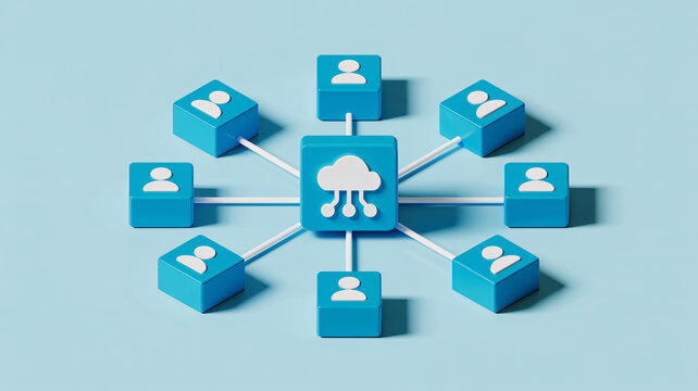 A central cloud icon cube connected to multiple user icon cubes, symbolizing a distributed network or cloud computing service.