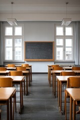 Fototapeta premium Education training class. Knowledge learning improvement study. An empty classroom with wooden desks and chairs arranged in neat rows, a whiteboard in the background.