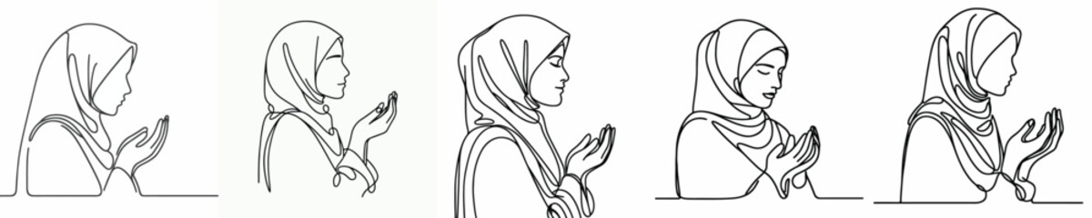 half body line art of a Muslim woman praying gesture side view