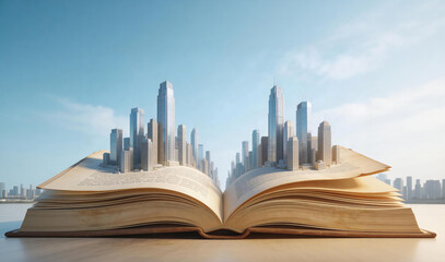 Fototapeta premium Open book with floating cityscape, blue sky, dreamy educational theme