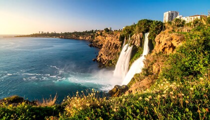 Obraz premium Stunning coastal scene featuring cascading waterfalls meeting the ocean, with buildings and sunny skies