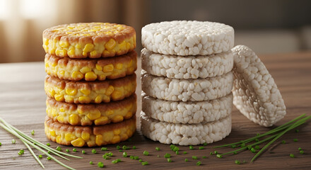 Two stacks of healthy puffed corn cakes and rice cakes arranged on a wooden table