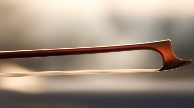 A violin bow drawn across strings, creating a blurred arc of motion, warm wood tones. product launch decks, UI/UX mockups, designed for data visualization dashboards and holographic UIs.