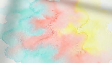 Fototapeta premium Soft pastel watercolor background with flowing turquoise, coral pink and yellow hues blending organically. Abstract artistic texture for creative projects.