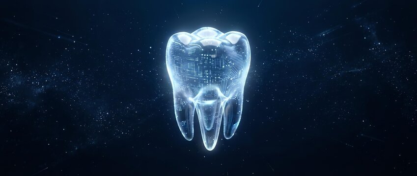 Digital holographic tooth with glowing neural network patterns on dark blue background for dental technology and healthcare innovation concepts.