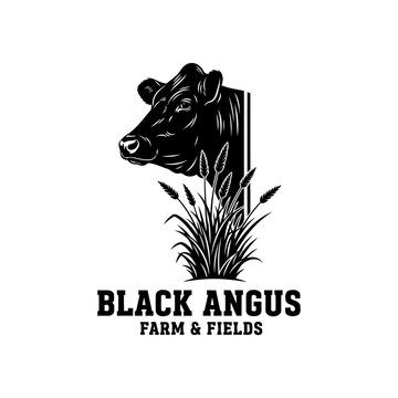 Black Angus farm and fields logo featuring cow head, grass Emblem and vintage agricultural badge.