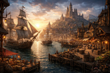Naklejka premium A scenic medieval port with ships and a castle at sunset.