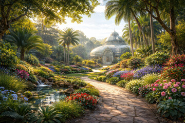 Fototapeta premium Beautiful botanical garden with vibrant flowers and a glass conservatory.