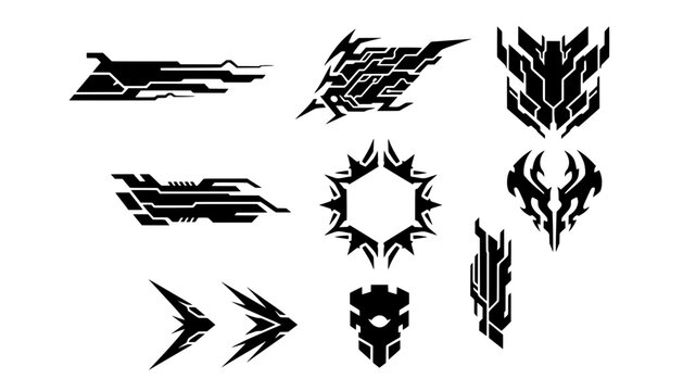 Set of abstract futuristic vector shapes, cyber tribal tattoos, sci-fi HUD decals, mecha emblems, and geometric tech elements for graphic design