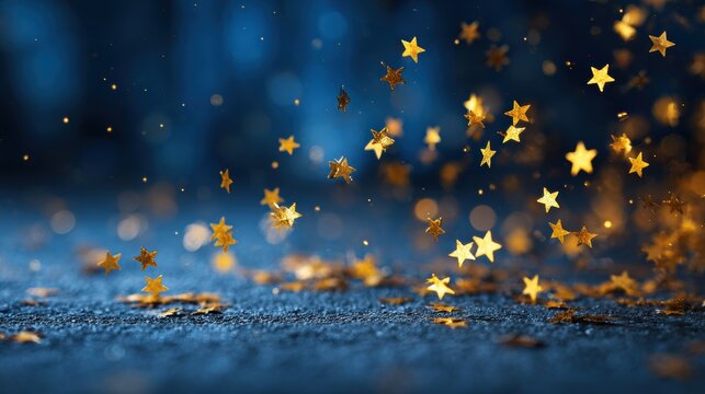 Birthday celebration theme for party event. A festive scene with golden stars falling from the sky against a blurred blue background.