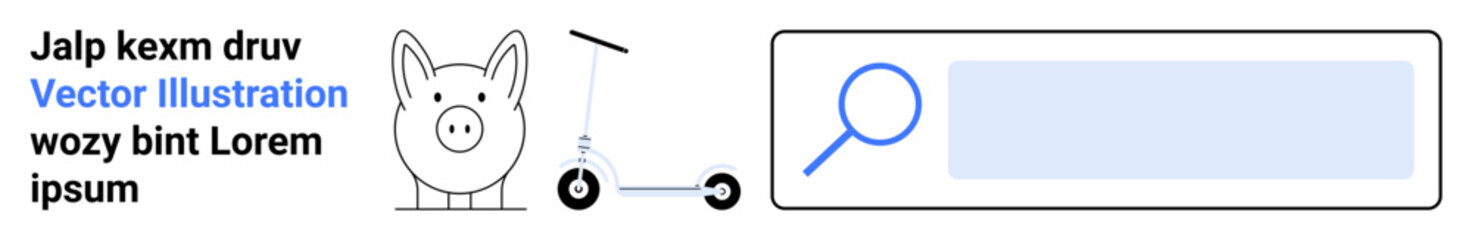 Financial savings, transportation, search tools, digital exploration, modern design, problem solving. A piggy bank, kick scooter and search bar together. Financial savings and transportation
