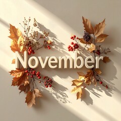 11月 晩秋 枯葉 実 NOVEMBER 立体文字 素材