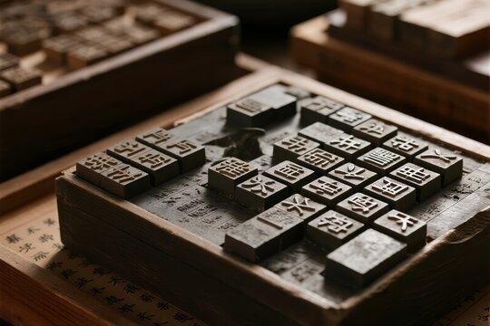 Traditional Chinese movable type printing blocks arranged on a wooden tray