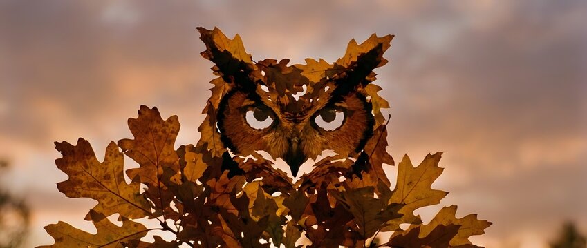 Autumn owl sculpture made from golden oak leaves against warm sunset sky. Creative seasonal art piece perfect for fall decorations and nature-inspired designs.