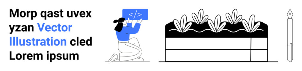 Education, programming, creativity, gardening, nature, home decor. Woman holding code card, box with plants candle image. Coding and creativity concept © robu_s