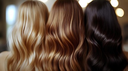Fototapeta premium Three women showing different hair colors and textures from blonde to brunette to black with flowing wavy styles in salon setting for beauty treatments.