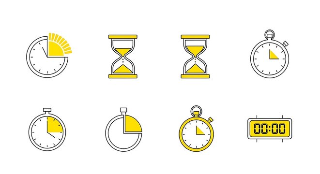 Collection of modern time management icons with clocks and hourglasses in yellow and black