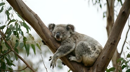 Fototapeta premium Adorable koala bear resting peacefully on eucalyptus tree branch in natural habitat. Wildlife photography showcasing Australian marsupial for educational content.
