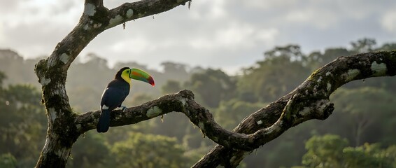 Fototapeta premium Colorful toucan bird perched on twisted tree branch in tropical rainforest canopy with lush green vegetation and misty atmospheric background.