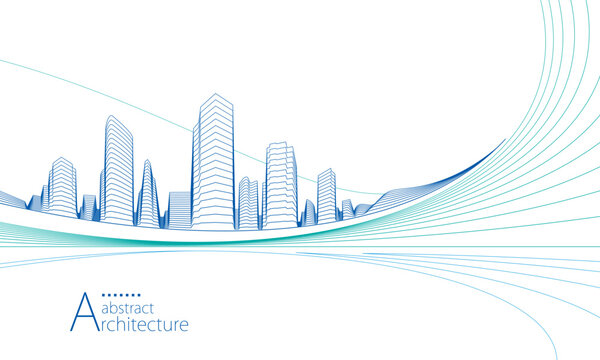 3D illustration of an abstract urban landscape featuring imaginative architectural line art.
