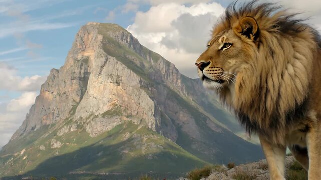 The natural scene of lions in front of the mountain, the scenery of Lion Mountain