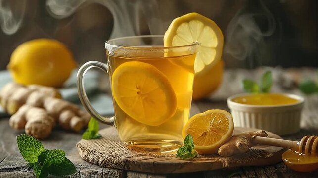 Inviting steaming lemon ginger tea in a mug, with mint, honey, on rustic wood