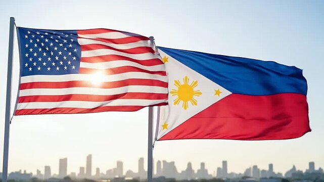 usa philippines flags over city skyline at sunrise