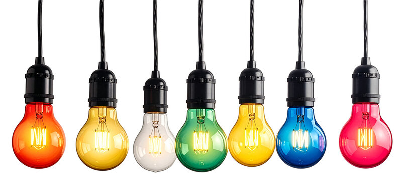 row of hanging colorful light bulbs isolated on white background