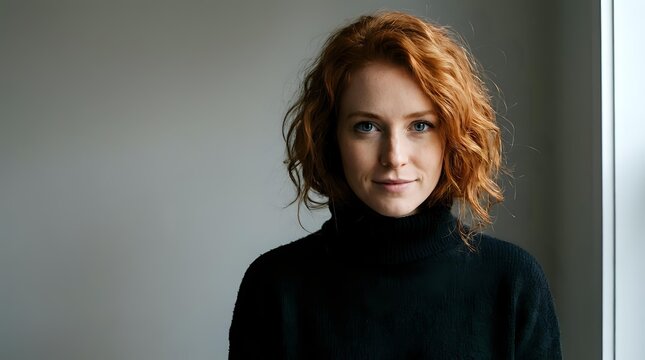 Young redhead woman in black turtleneck sweater smiling confidently at camera with natural lighting and modern interior background for lifestyle content.