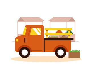 Fototapeta premium A vintage farmer's truck parked at a vegetable stall, loaded with fresh produce. Indonesian market illustrations. Flat vector concept.