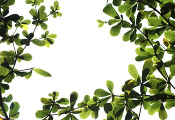 Obraz premium Natural frame border with copy space for text featuring tropical lush leaf isolated on white background. Ideal for eco friendly design, spa healing theme, environmental and sustainability concept idea