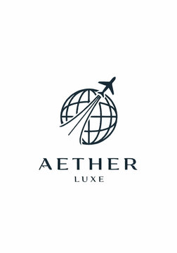Aether Luxe logo with globe and airplane symbolizing luxury travel.