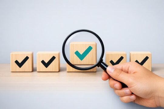Verification Through Magnification: A wooden block bearing a crisp checkmark, amplified by a magnifying glass, symbolizing validation against the backdrop of identical confirmations