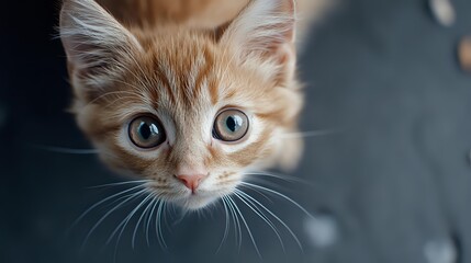 Adorable orange tabby kitten with bright blue eyes and fluffy fur looking directly at camera. Perfect for pet adoption campaigns and animal welfare content.