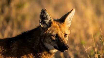 Fototapeta premium Young red fox in golden autumn sunlight with warm bokeh background showcasing wildlife photography and natural habitat during golden hour lighting conditions.