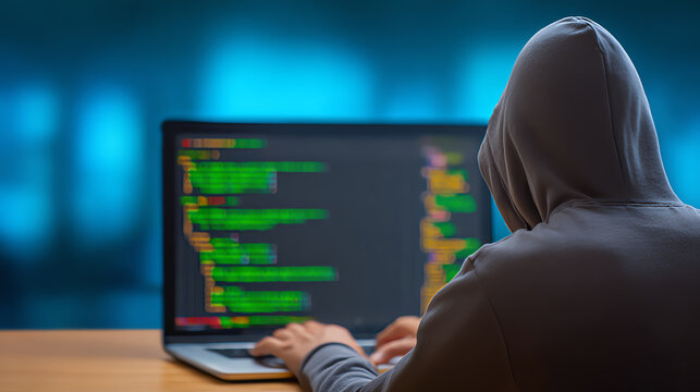 A hooded figure coding on a laptop, illuminated by green and blue screens, representing the world of programming and cybersecurity.