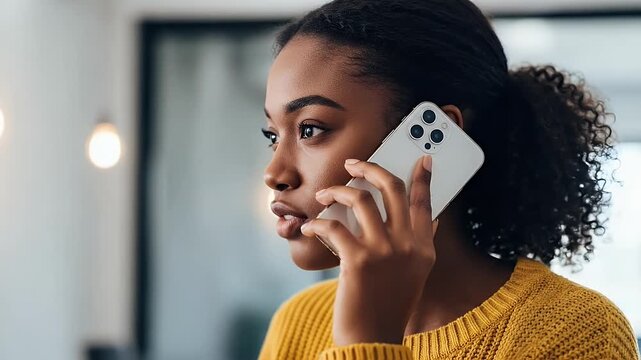 woman on smartphone indoors wearing yellow sweater lifestyle portrait