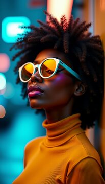 Colorful Portrait of African American Woman with Bolder Purple Lipstick Yellow Reflective Sunglasses and Gold Accessories in a Cinematic Urban Night