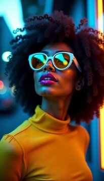 Colorful Portrait of African American Woman with Bolder Purple Lipstick Yellow Reflective Sunglasses and Gold Accessories in a Cinematic Urban Night