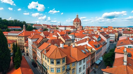 Naklejka premium A vibrant cityscape with colorful buildings and a blue sky