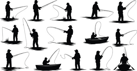Fisherman silhouette vector set featuring various fishing poses and boat angling scenes isolated on white background for outdoor hobby design.