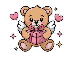 Obraz premium A cute cartoon teddy bear holding a pink gift box with hearts and stars around it